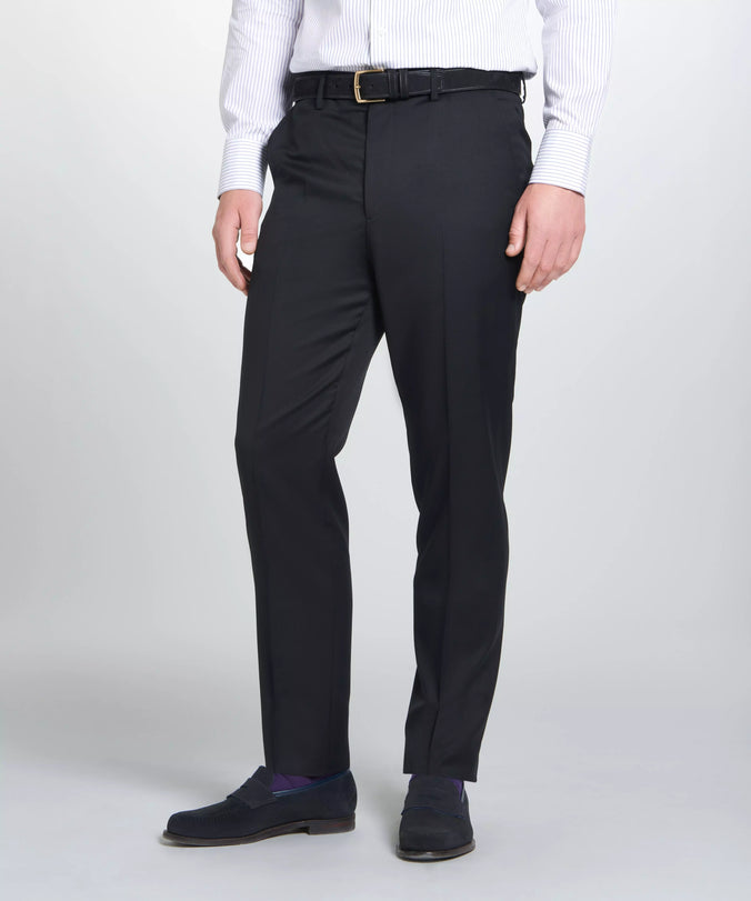 Black Unfinished Tailored Fit Plain Merino Wool Flat Front Trouser