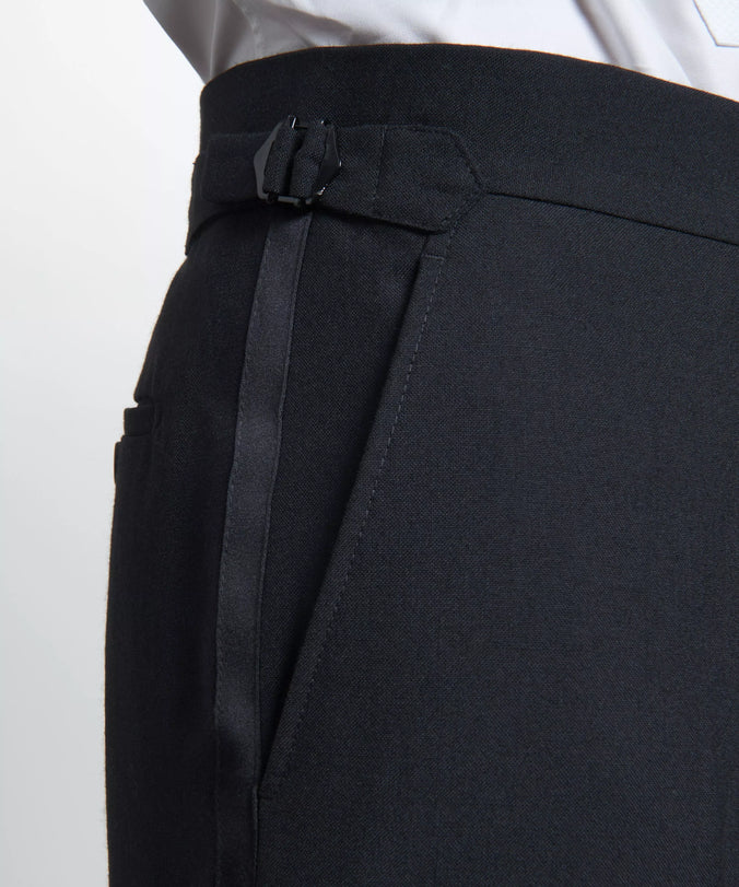 Black Tailored Fit Merino Wool Flat Front Evening Trousers