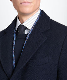 Navy Blue British Wool Herringbone Notch Lapel Overcoat